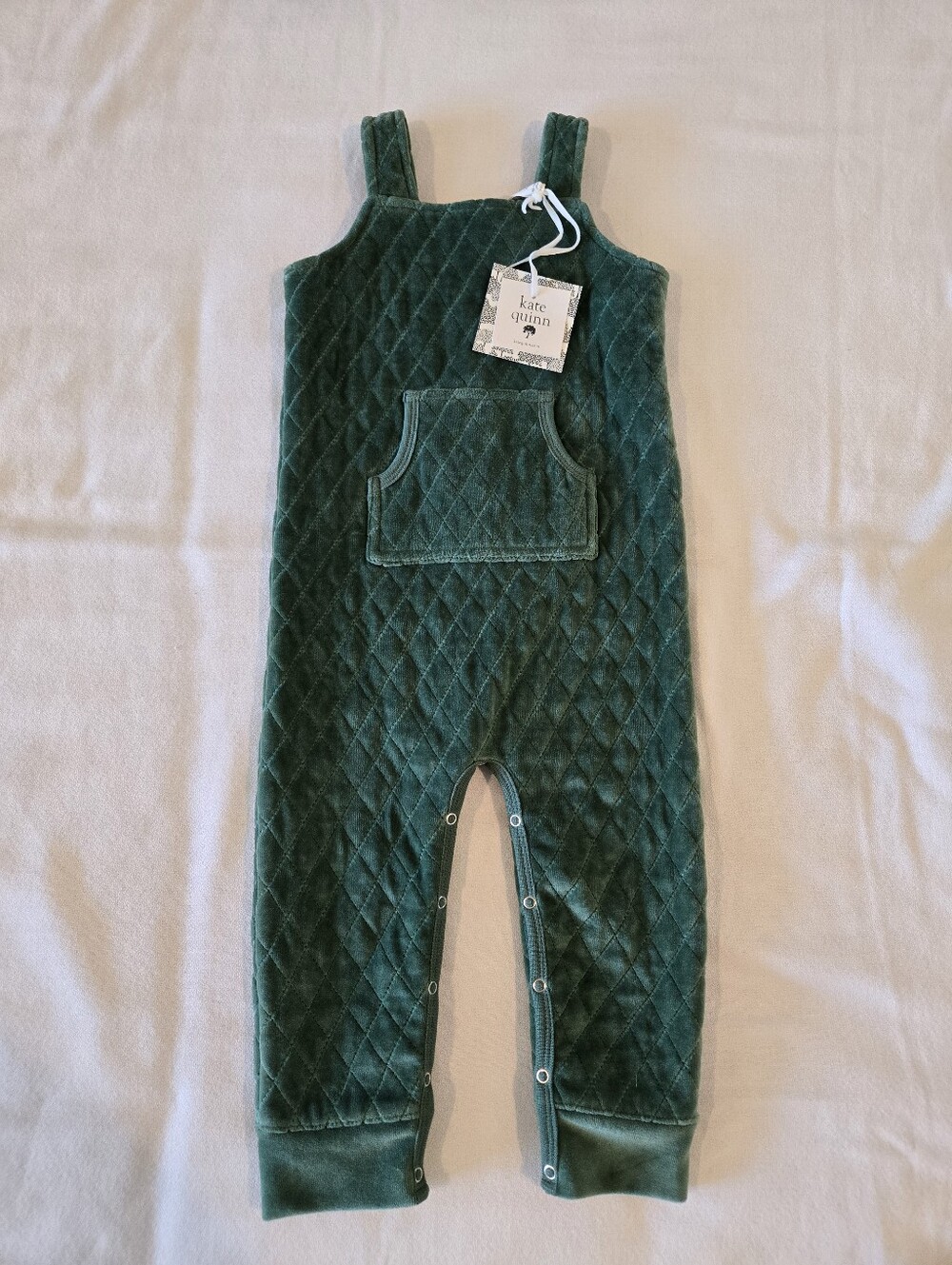 NWT Kate Quinn Quilted Kanga Pocket Overalls 18-24 Mo Shaded Spruce Green